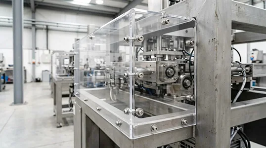 CNC machined clear polycarbonate safety guard panel mounted on a machine frame