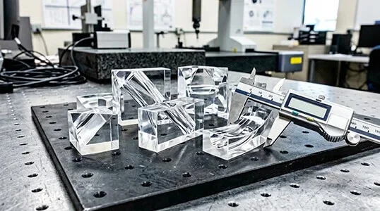CNC machined polycarbonate light pipes and optical blocks with polished edges on an inspection table