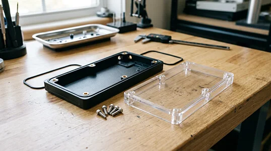 CNC machined polycarbonate clear cover with black PC enclosure base and gasket groove