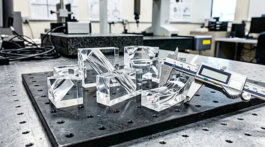CNC machined polycarbonate light pipes and optical blocks with polished edges on an inspection table