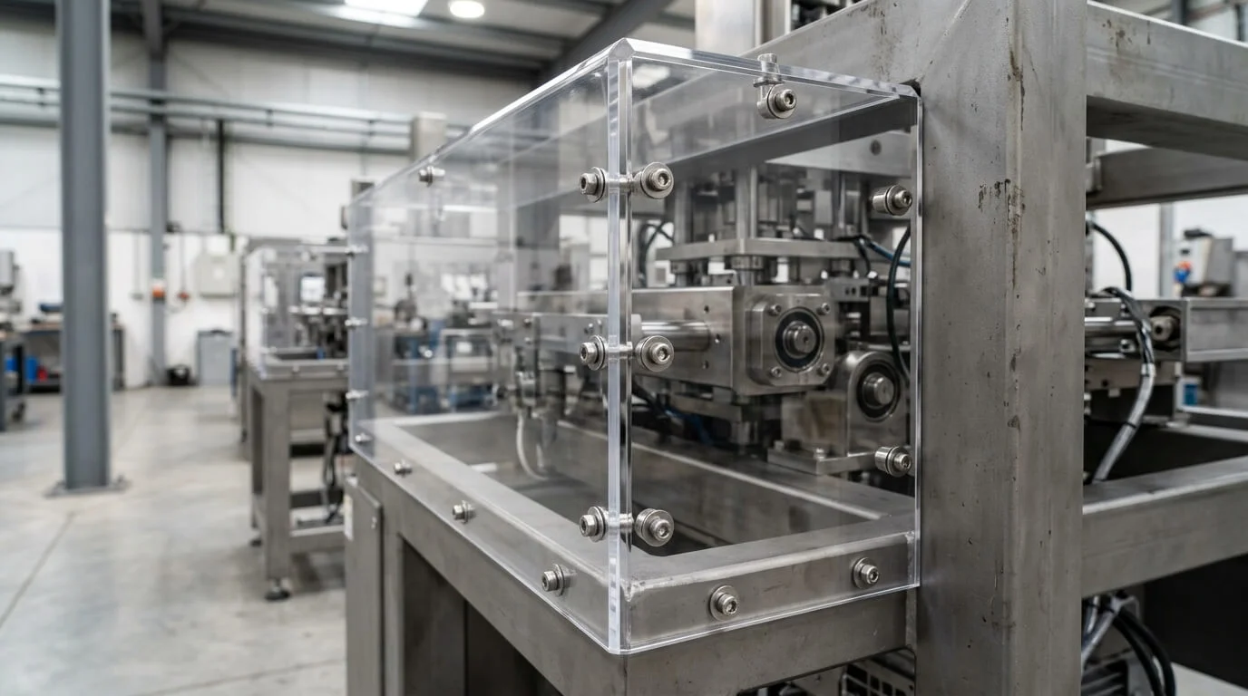 CNC machined clear polycarbonate safety guard panel mounted on a machine frame