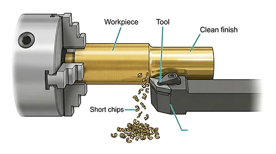 Brass machining chip control illustration showing short chips and clean finish