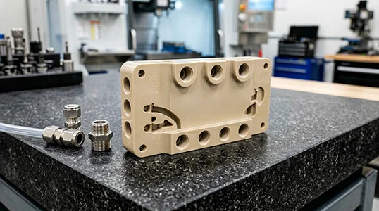 Precision CNC machined PEEK manifold component for high temperature or chemical service