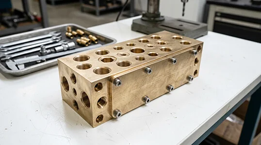 Brass manifold block with multiple tapped ports