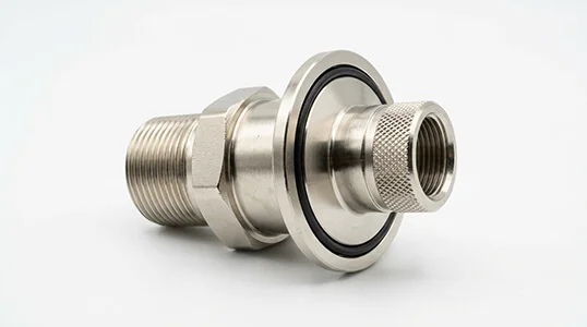 Nickel plated brass component with threaded features