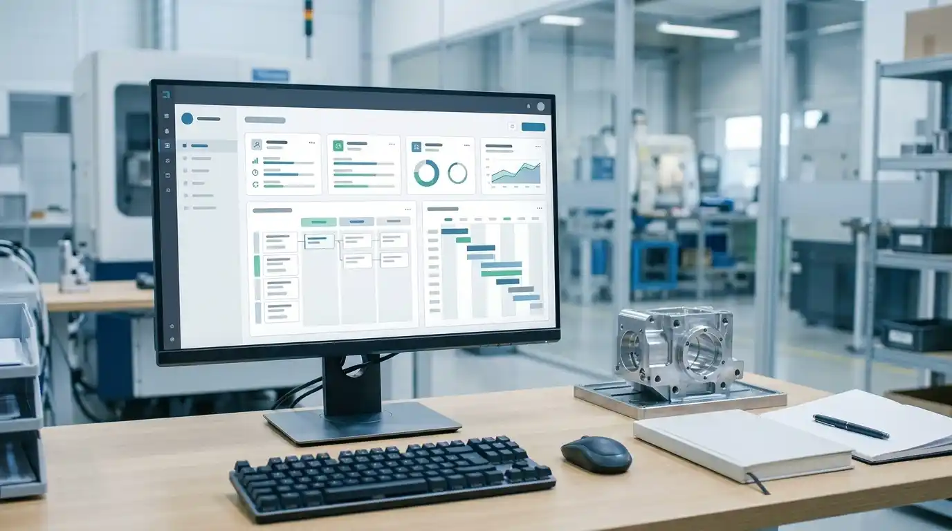 Manufacturing project dashboard mock with progress and change control, no text