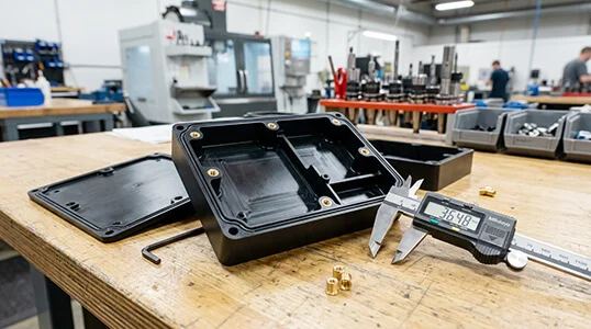 CNC machined ABS electronics enclosures with heat-set inserts and gasket groove