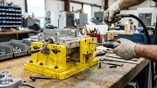 CNC machined ABS jigs fixtures and drill guides on an assembly workbench