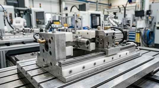 Automation fixture with Delrin wear pads and guides