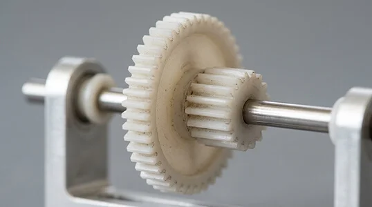 Delrin gears and bushings on a shaft showing low friction wear components