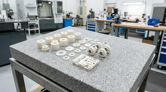 Delrin CNC machined parts set for assembly on an inspection surface plate