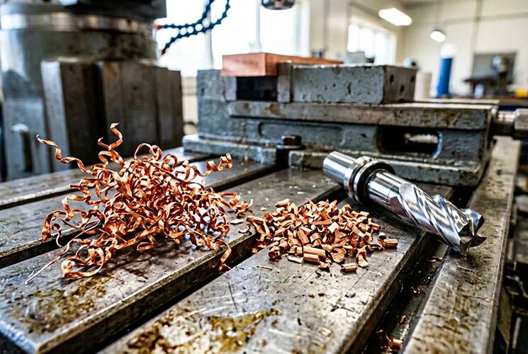 Copper machining chip control example showing long chips versus short broken chips