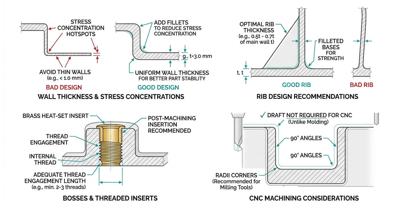 ABS CNC machining DFM diagram showing fillets, ribbing, boss design and heat-set insert features