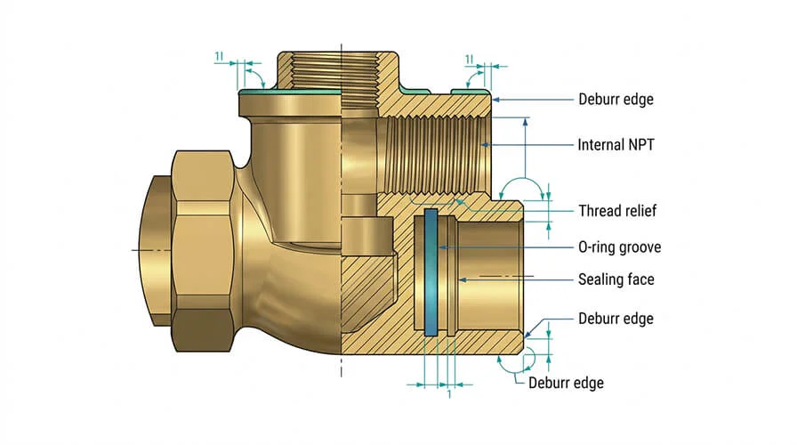 Brass CNC DFM diagram showing thread relief, sealing face, O-ring groove, and deburr control