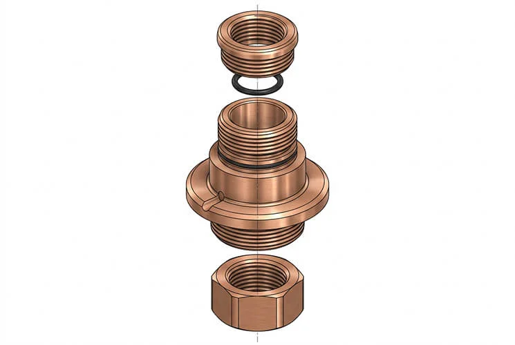 Copper CNC DFM diagram showing threads, sealing face, O-ring groove, and deburr intent