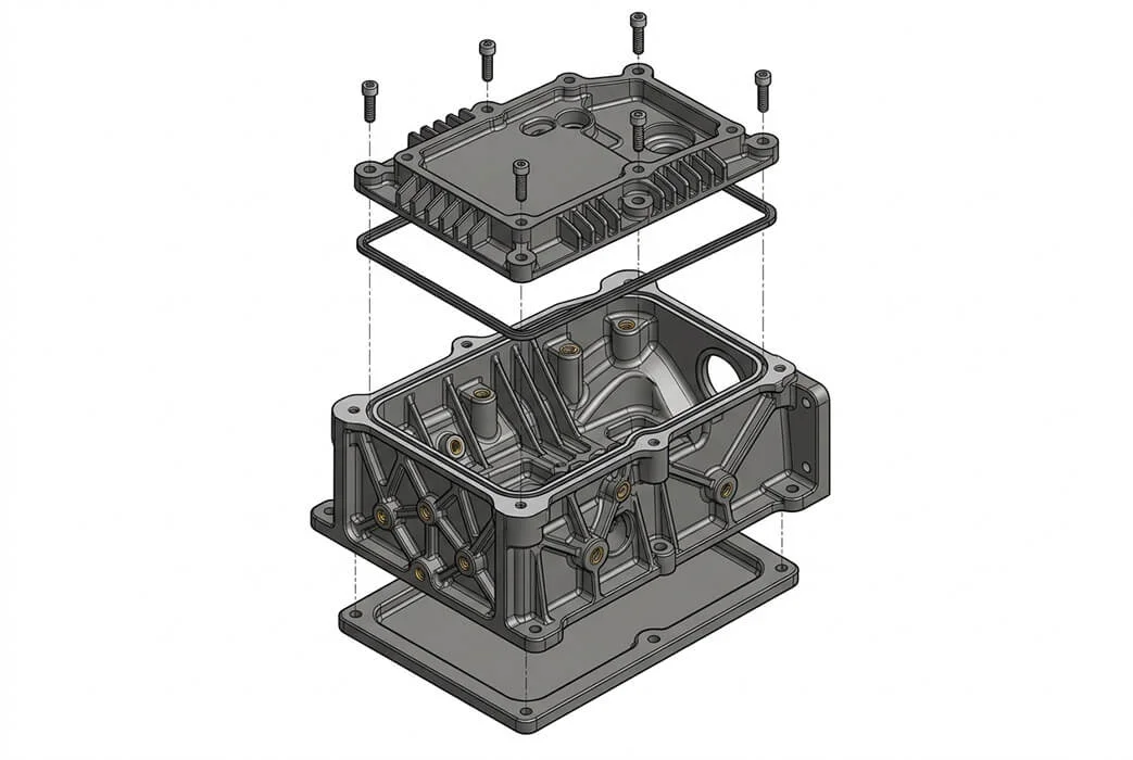 Magnesium CNC DFM diagram showing ribs, bosses, radii, and sealing faces