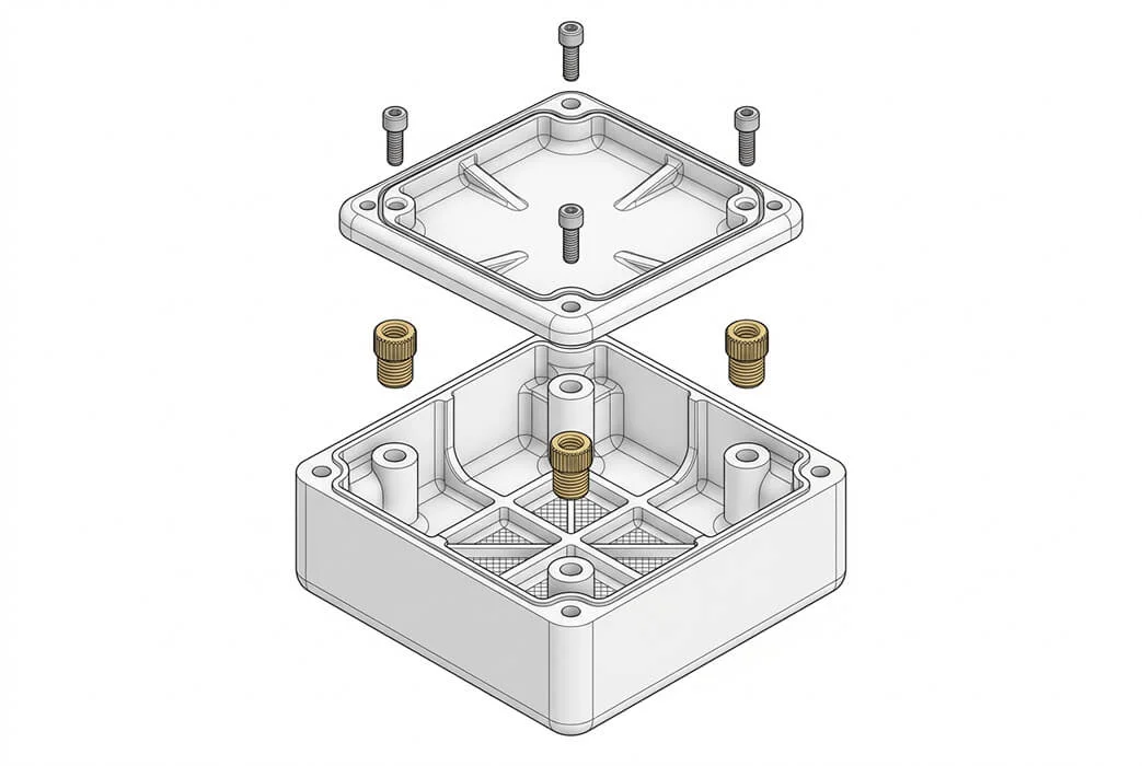 Plastic CNC DFM diagram showing ribs, bosses, radii and threaded inserts