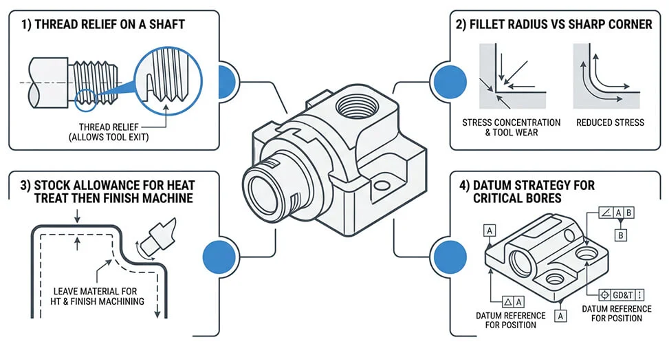 Steel CNC DFM diagram: radii, thread relief, heat treat allowance, and datum strategy