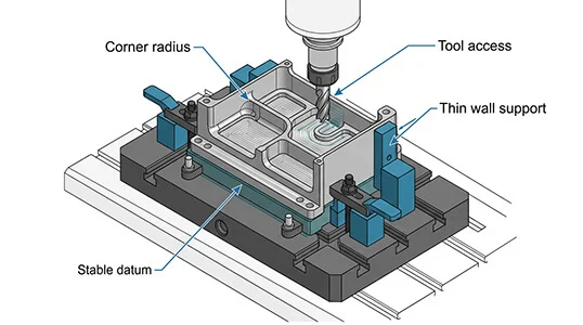 Titanium CNC DFM guide illustration: stable datums, corner radius, tool access, thin wall support