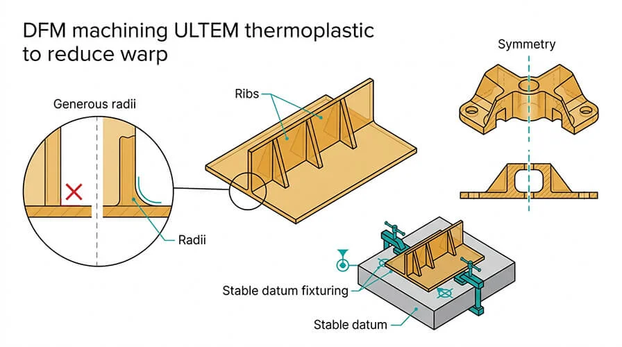 Ultem DFM diagram: ribs, symmetry, radii, stable datum to reduce warp