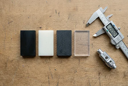 Engineering plastics resin overview samples for Delrin, Nylon, ABS and Polycarbonate