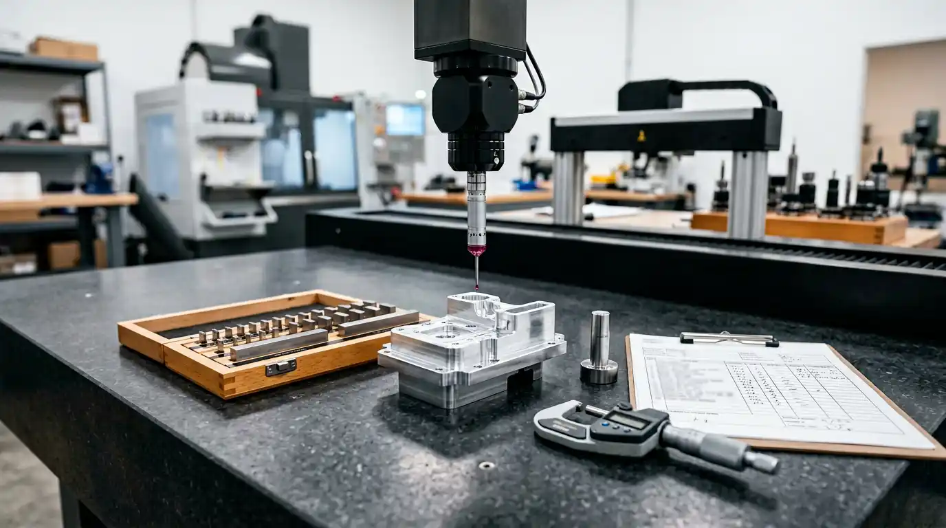 CMM inspection on metrology bench with gauge blocks, no people
