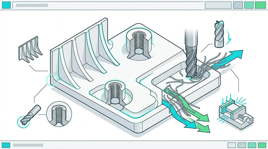 Nylon CNC machining DFM diagram showing ribs, radii, insert bosses and chip evacuation