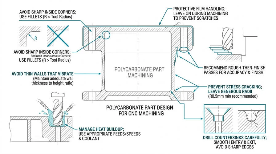 Polycarbonate CNC machining DFM diagram showing fillets, thin wall guidance, heat control and stress cracking prevention