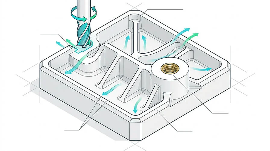 Delrin CNC machining DFM diagram showing radii, ribs, insert bosses and edge break