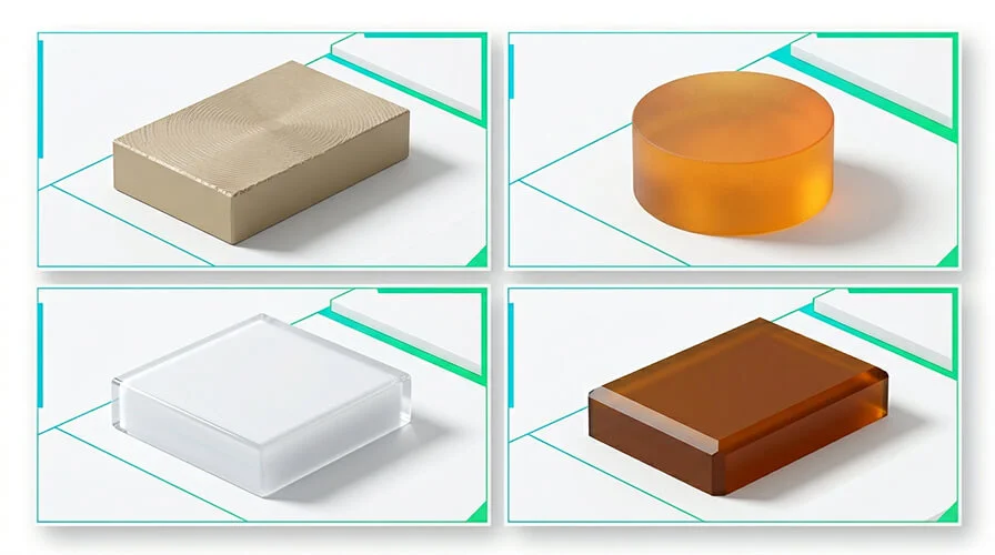Illustration of finish options for machined high performance plastics: as-machined, matte, polished, deburred