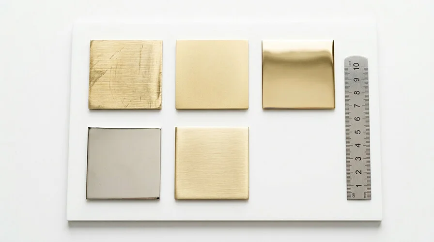 Brass surface finishes samples including polished, plated, and clear-coated