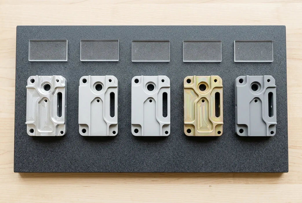 Magnesium surface finishes board with as-machined, blasted, anodized, conversion-coated and painted samples