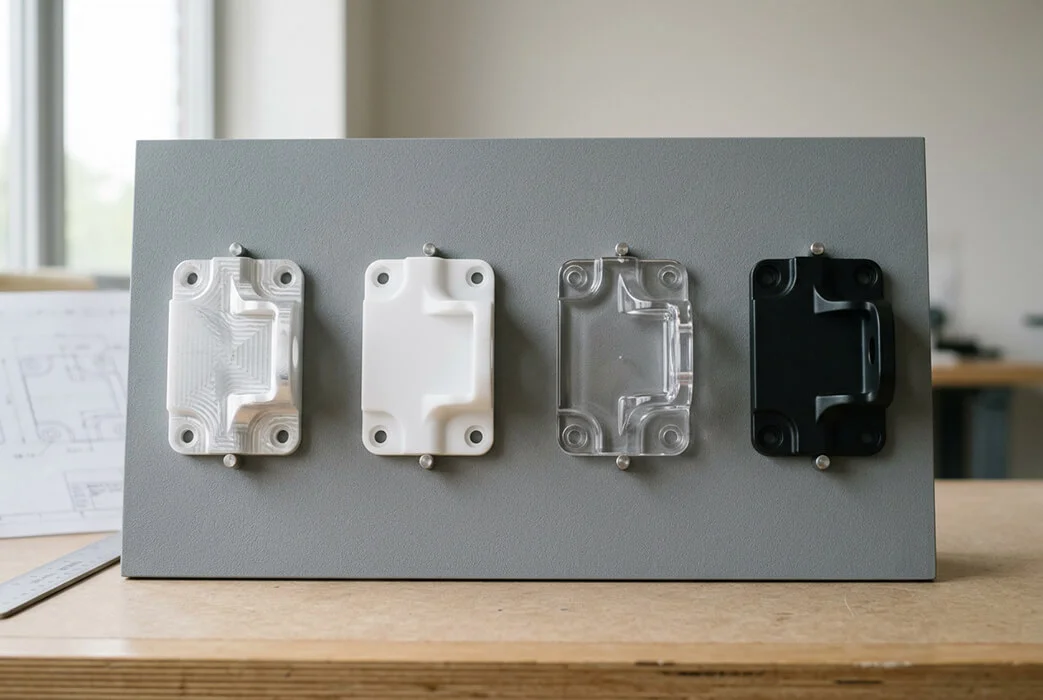 Plastic surface finish options including matte, clear polish and coated samples