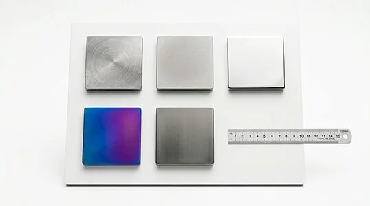 Titanium surface finishes samples: as-machined, bead blasted, polished, anodized color, dark coating