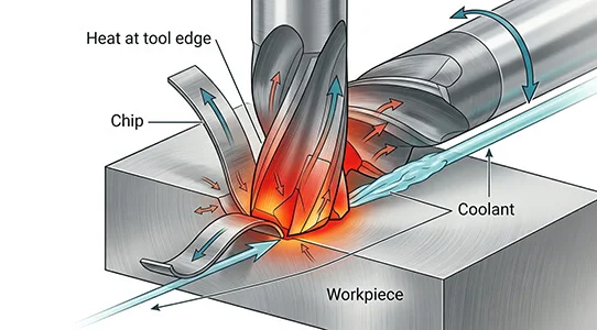 Diagram showing heat concentration and tool wear during titanium CNC machining