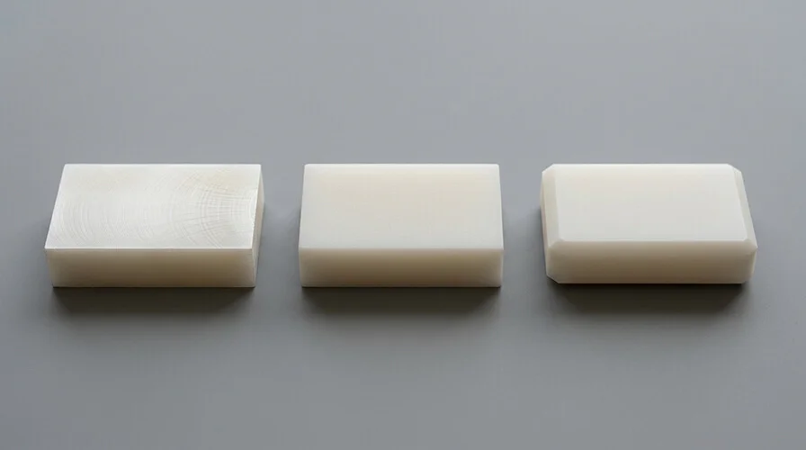 Nylon surface finish samples showing as-machined, matte, and deburred edges