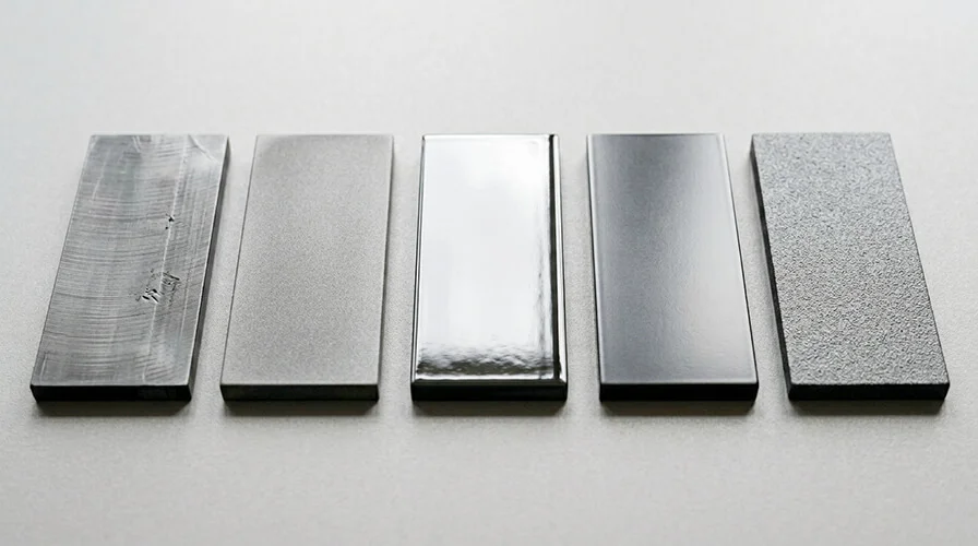 ABS surface finish samples showing as-machined matte, bead blasted matte, vapor smoothed glossy and painted surfaces