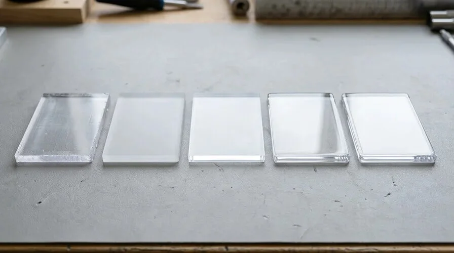 Polycarbonate surface finish samples showing as-machined, bead blasted matte, polished edges and glossy edge finishing