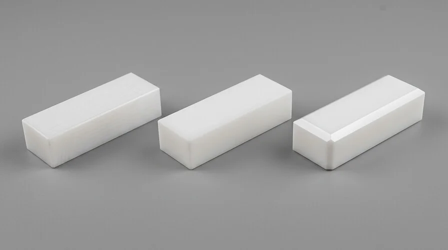 Delrin surface finish samples showing as-machined satin, matte, and polished chamfer