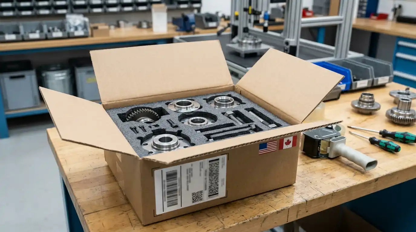 Machined parts packaged safely for shipping to US and Canada, no people