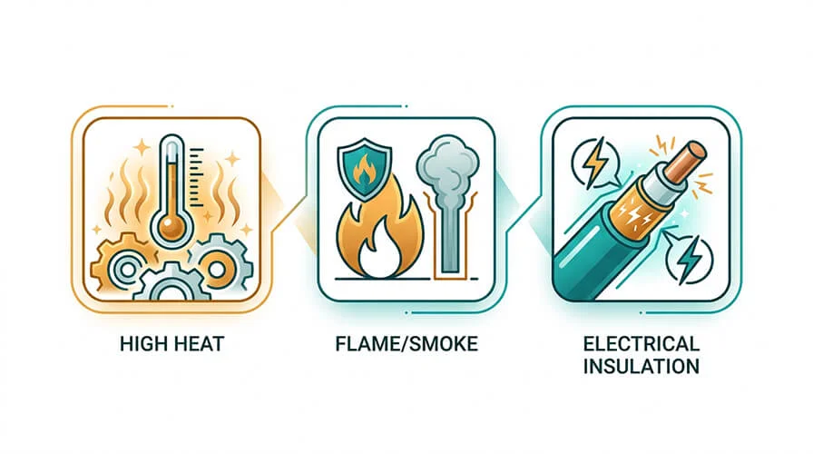 Ultem PEI selection infographic: high heat, flame/smoke, electrical insulation