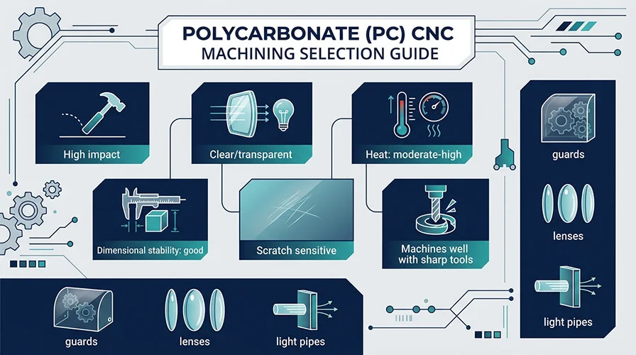 Polycarbonate PC CNC machining infographic showing high impact strength, transparency, moderate-high heat performance and scratch sensitivity