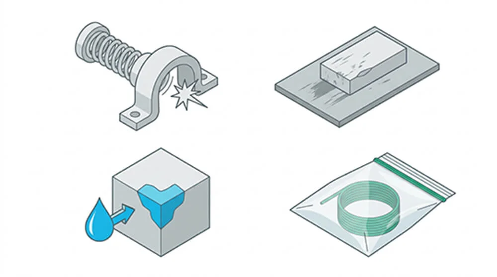 Nylon PA properties infographic showing toughness, abrasion resistance, moisture absorption and conditioning