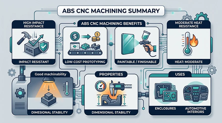 ABS CNC machining infographic showing impact resistance, prototype-friendly cost, paintability, and moderate heat resistance