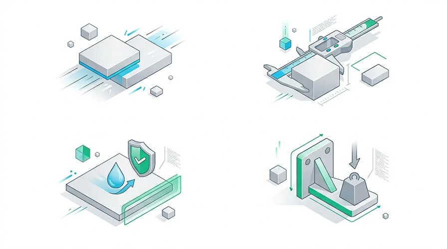 Delrin POM acetal property icons showing low friction, stability, moisture resistance, creep resistance