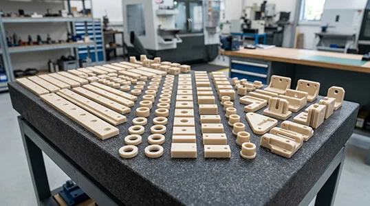 Nylon machined parts on inspection surface plate for production