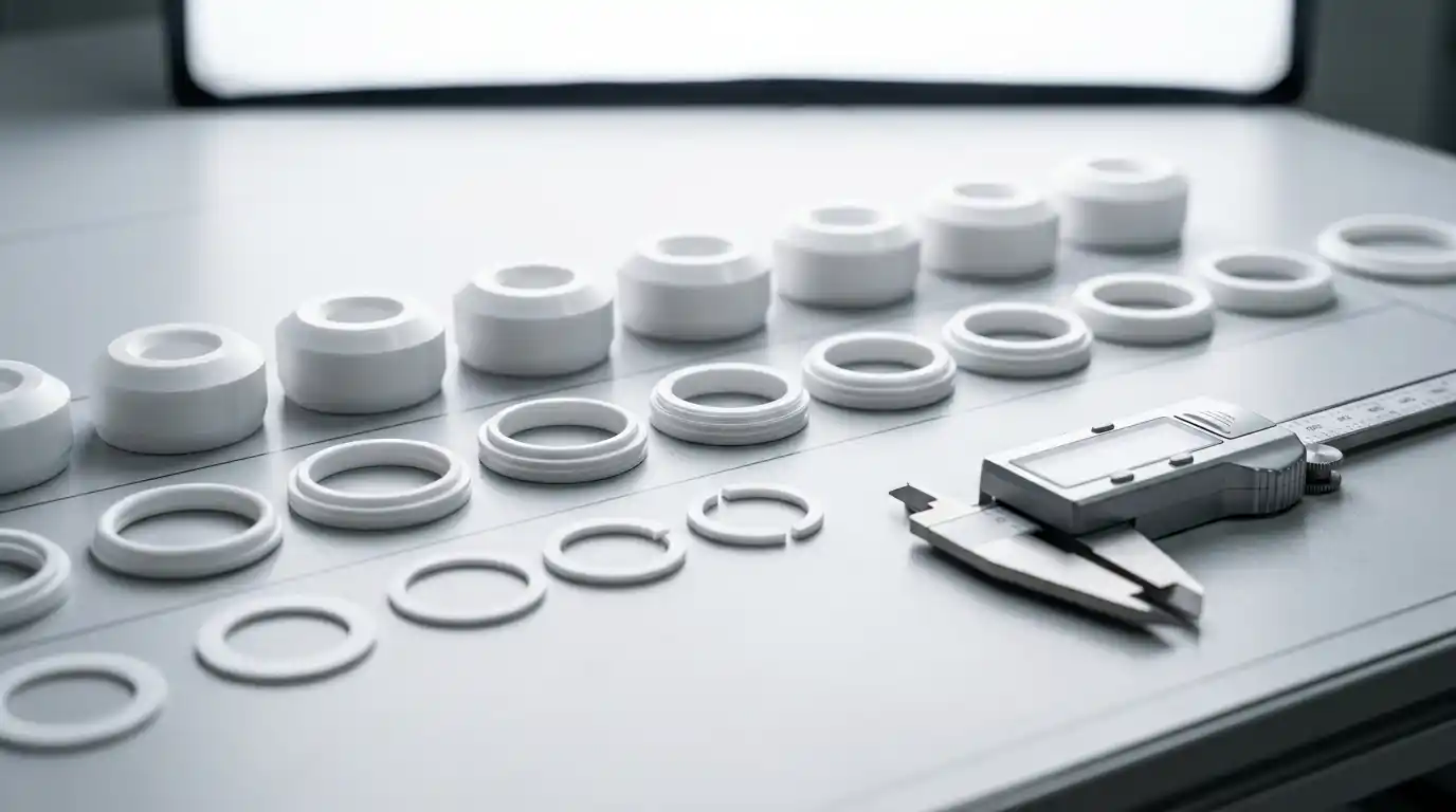 CNC machined PTFE valve seats, seals, and backup rings on a clean inspection table, no people