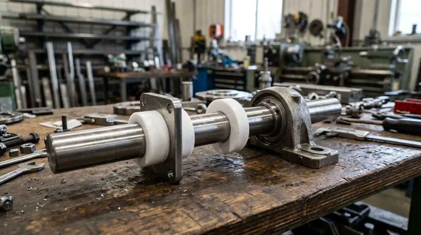 CNC machined PTFE bushings and wear rings for low friction sliding interfaces on a workbench, no people