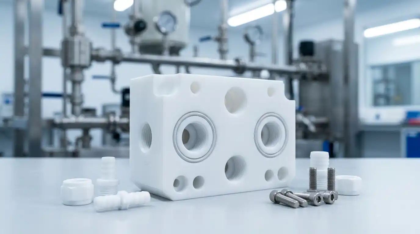 CNC machined PTFE fluid handling manifold block with ports and gasket grooves on an inspection bench, no people