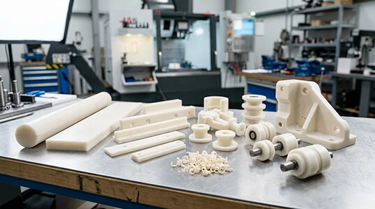 Nylon PA CNC machined parts and stock on a clean workbench